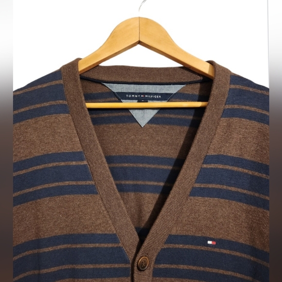 Vintage Tommy Hilfiger Brown With Blue Stipes Cardigan - Picture 3 of 7